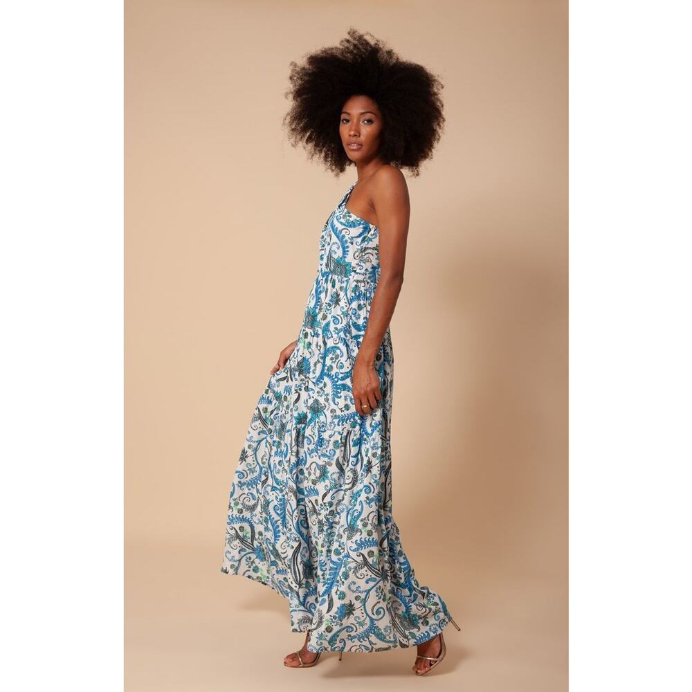 Hale Bob One Shoulder Maxi Dress‎ Floral Paisley Metallic Size M Luxe Vacation
